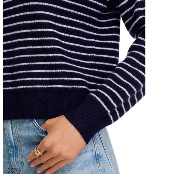 Luxurious 100% Cashmere Stripe Quarter Zip Sweater in Navy / White - Picture 4 of 6